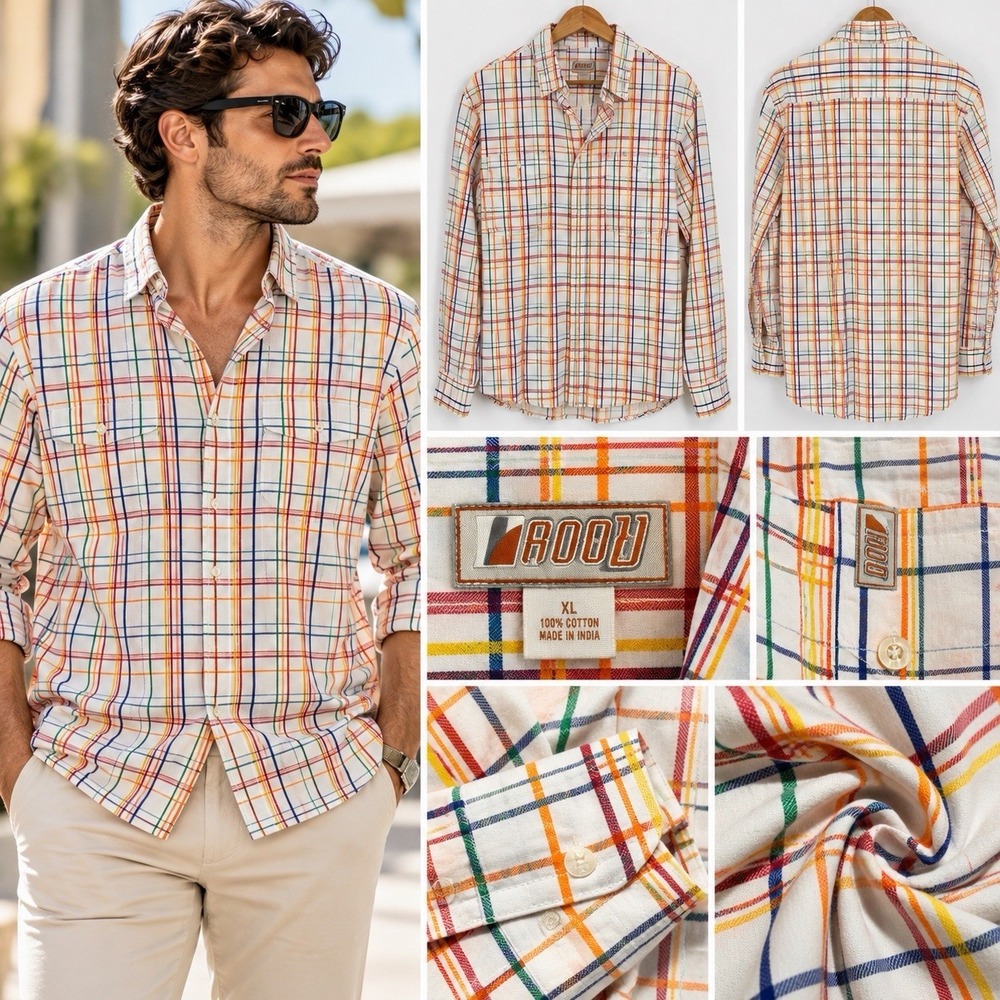 Road Men's Plaid Button Down Shirt XL 100% Cotton Multicolor Long Sleeve(9-b49)